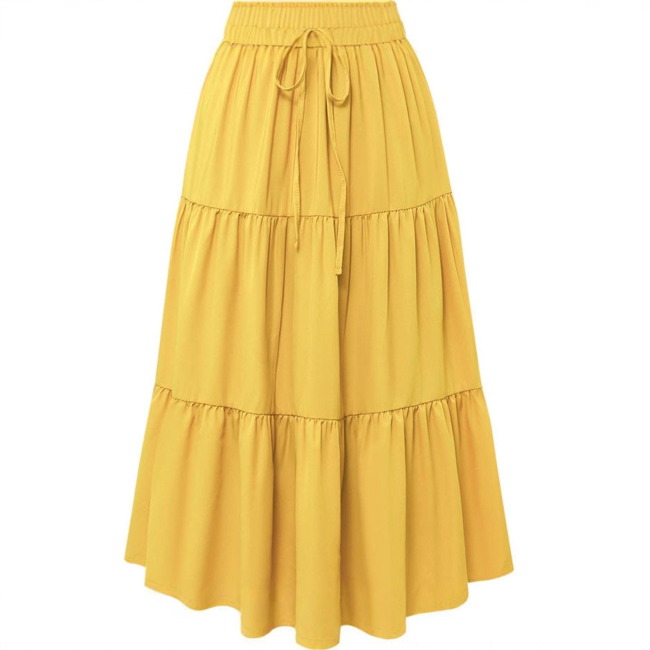 European And American Solid Color Stitching Ruffle Elastic Pocket Skirt