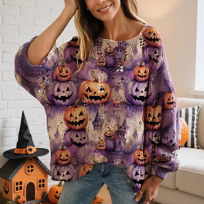 Women's Diamond Hollow Out Batwing Sleeve Top - Loose Fit Pumpkin Halloween Print Blouse For Spring Summer