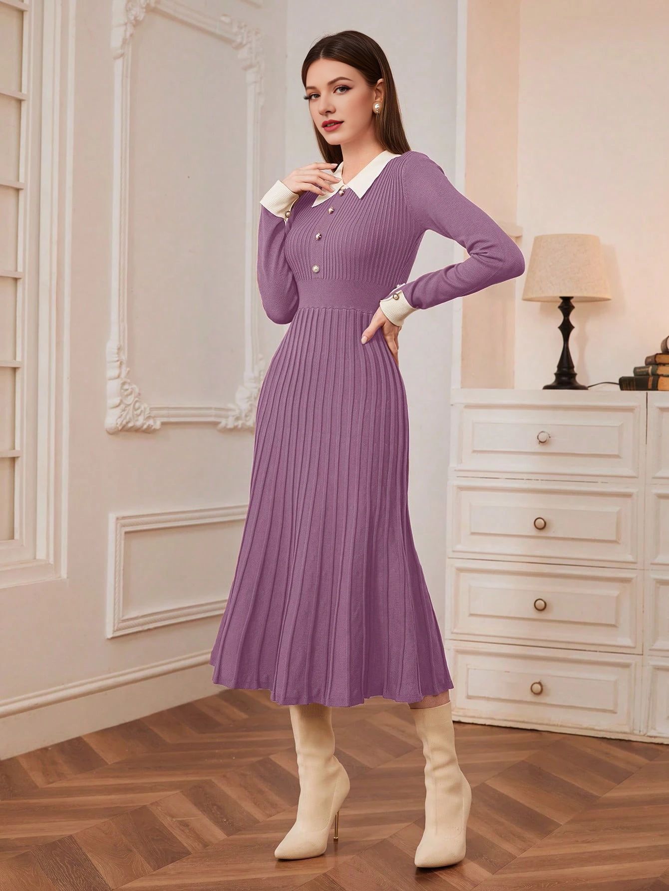 French Style Retro Elegant Lapel A- Line Long Sleeve Knitted Dress