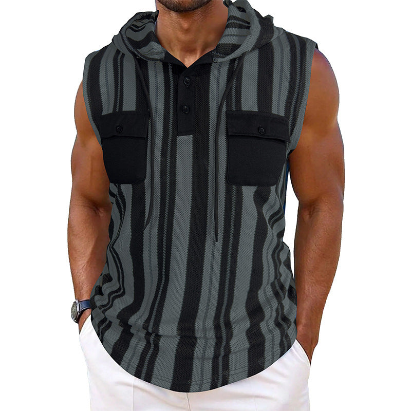 Men's Striped Sleeveless Hooded Vest Pocket