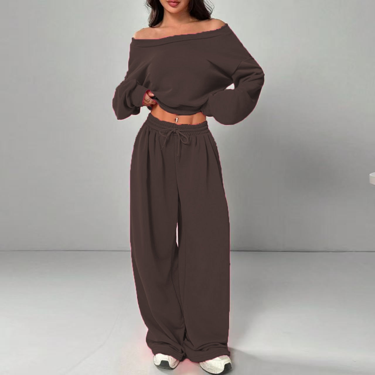 Women's Fashion Slim-fit Off-the-shoulder Navel Solid Color Casual Pants Suit