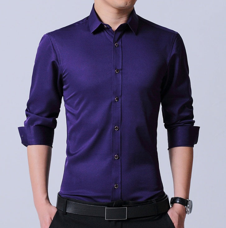 Business dress men's shirt micro-elastic cotton non-iron shirt Slim blue long-sleeved professional shirt