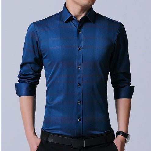 Business dress men's shirt micro-elastic cotton non-iron shirt Slim blue long-sleeved professional shirt