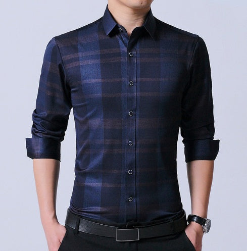 Business dress men's shirt micro-elastic cotton non-iron shirt Slim blue long-sleeved professional shirt