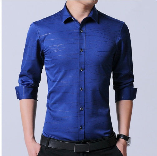 Business dress men's shirt micro-elastic cotton non-iron shirt Slim blue long-sleeved professional shirt