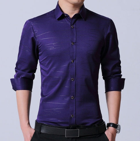 Business dress men's shirt micro-elastic cotton non-iron shirt Slim blue long-sleeved professional shirt