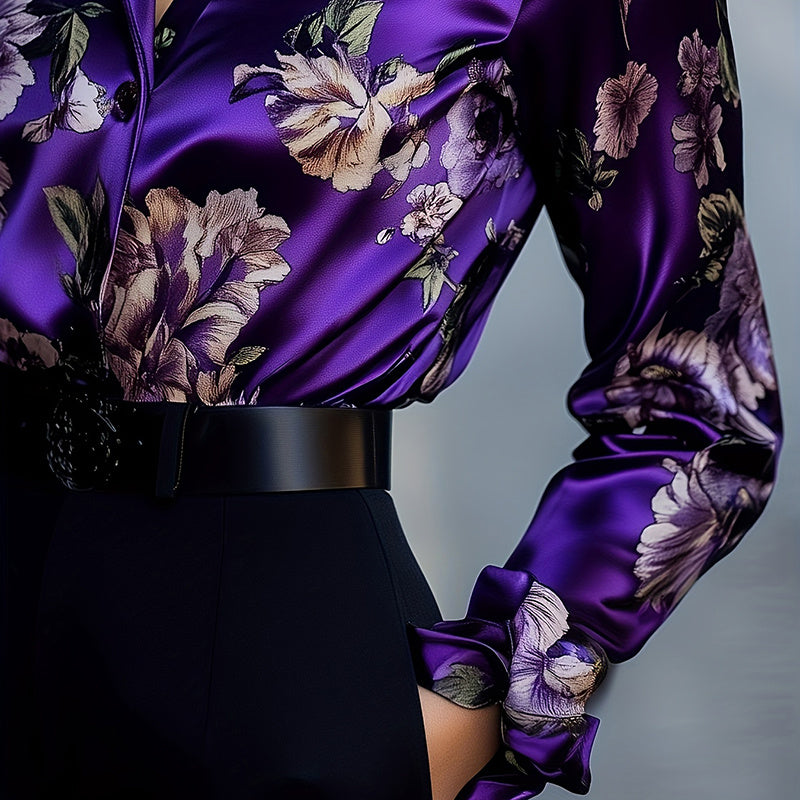 Women's Elegant Satin Lapel Long Sleeve Full Button Shirt Spring Autumn Fashion Tapered Waist Design With Sheen