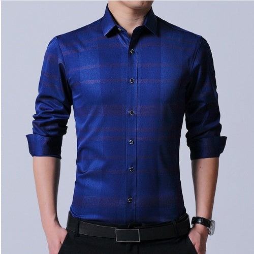 Business dress men's shirt micro-elastic cotton non-iron shirt Slim blue long-sleeved professional shirt