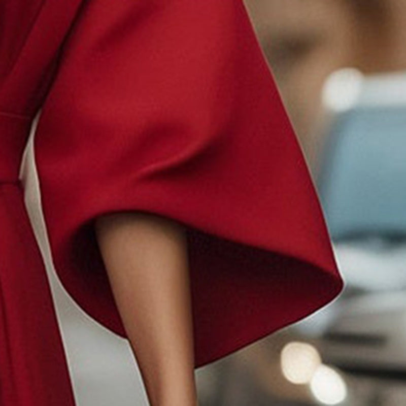 Plus Size Women's Elegant Solid Color Round Neck Mid-Sleeve Maxi Dress Waist-Defining Pleated Design For Office, Party, Wedding Guest