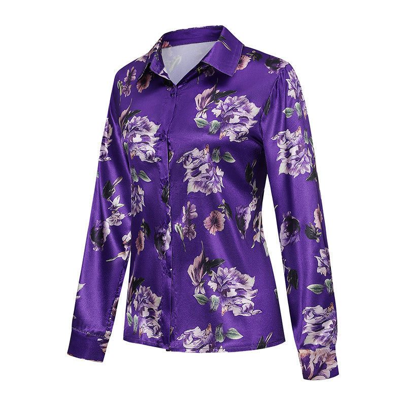 Women's Elegant Satin Lapel Long Sleeve Full Button Shirt Spring Autumn Fashion Tapered Waist Design With Sheen