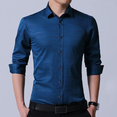 Business dress men's shirt micro-elastic cotton non-iron shirt Slim blue long-sleeved professional shirt