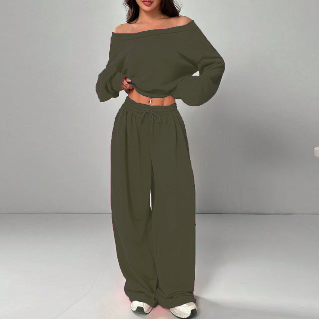 Women's Fashion Slim-fit Off-the-shoulder Navel Solid Color Casual Pants Suit