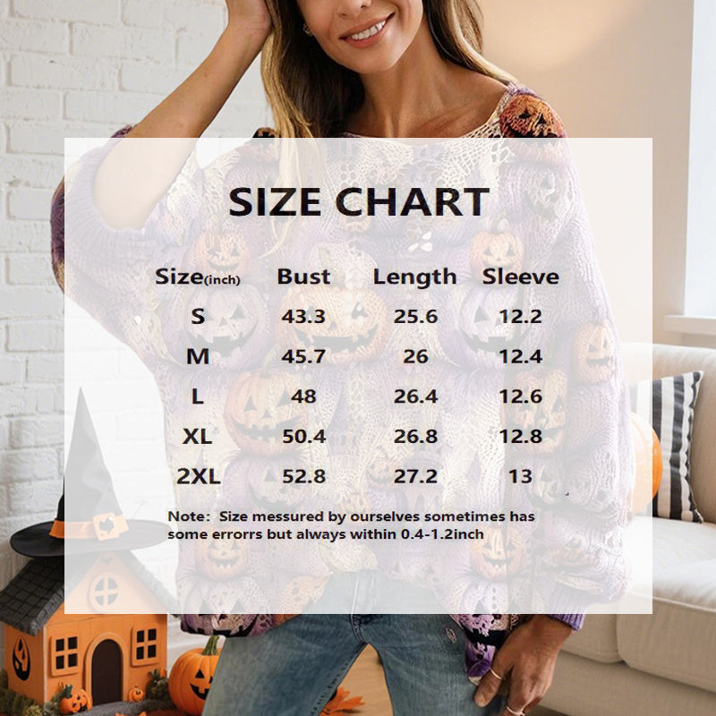 Women's Diamond Hollow Out Batwing Sleeve Top - Loose Fit Pumpkin Halloween Print Blouse For Spring Summer