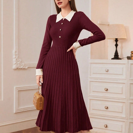 French Style Retro Elegant Lapel A- Line Long Sleeve Knitted Dress