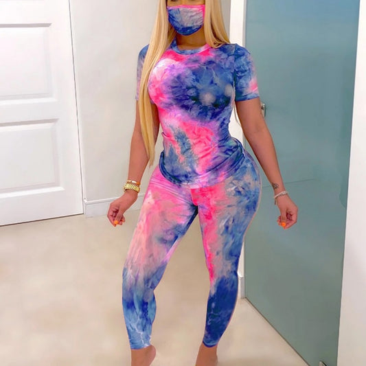European And American Women Tie-dye Color Crew Neck Casual Fashion Sports Set