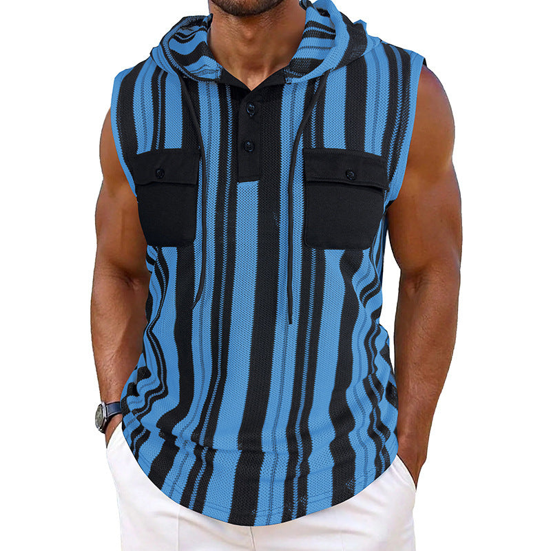 Men's Striped Sleeveless Hooded Vest Pocket