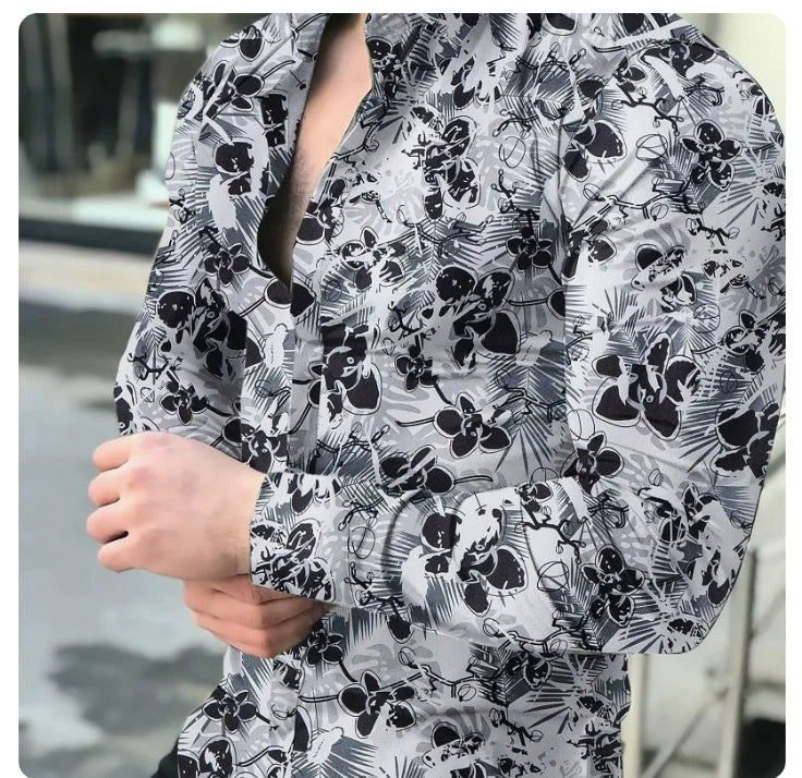 Spring And Autumn Men's Casual Long-sleeved Floral Shirt