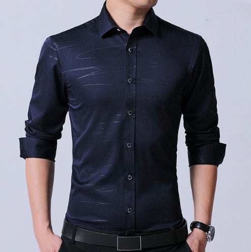 Business dress men's shirt micro-elastic cotton non-iron shirt Slim blue long-sleeved professional shirt