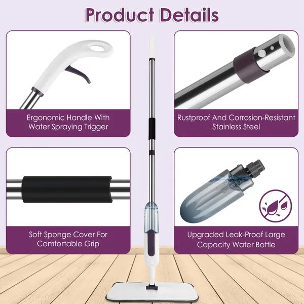 Spray Mop For Floor Cleaning, 49.21 Extended Handle With 360 Rotating Mop Head, 12oz Leak-Proof Water Bottle & 3 Reusable Microfiber Pads - No Battery Needed, For Hardwood, Laminate, Tile, Vinyl & M