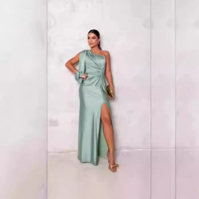 Women's Diagonal Collar Raglan Sleeve Pleated Waist Tight Split Sexy Long Dress