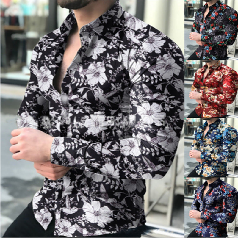 Spring And Autumn Men's Casual Long-sleeved Floral Shirt