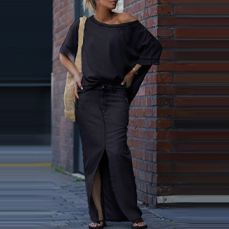 Two-piece Skirt Suits Fashion Loose Bat-sleeved Short Sleeve Top And Slim Fit Slit Maxi Skirt Patchwork Chic Outfit Women's Clothing