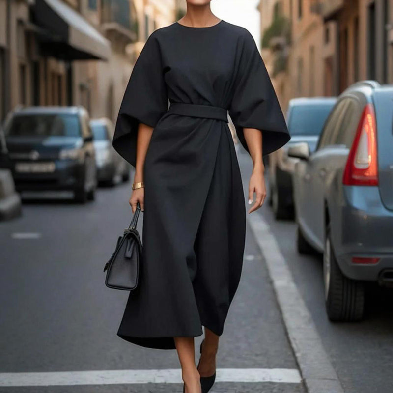 Plus Size Women's Elegant Solid Color Round Neck Mid-Sleeve Maxi Dress Waist-Defining Pleated Design For Office, Party, Wedding Guest