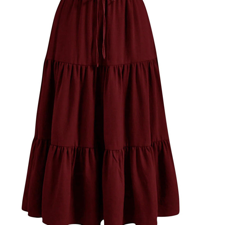 European And American Solid Color Stitching Ruffle Elastic Pocket Skirt