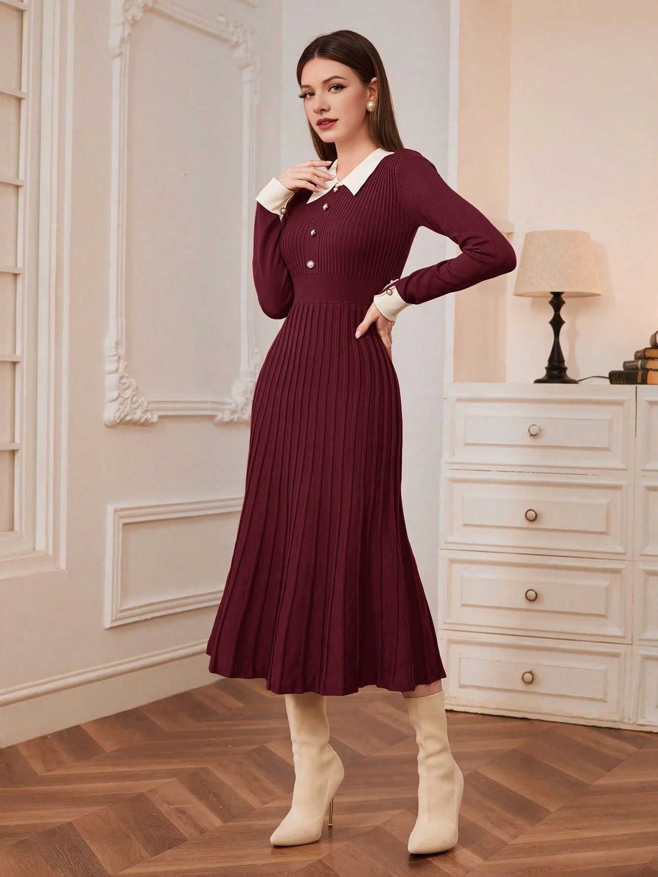 French Style Retro Elegant Lapel A- Line Long Sleeve Knitted Dress