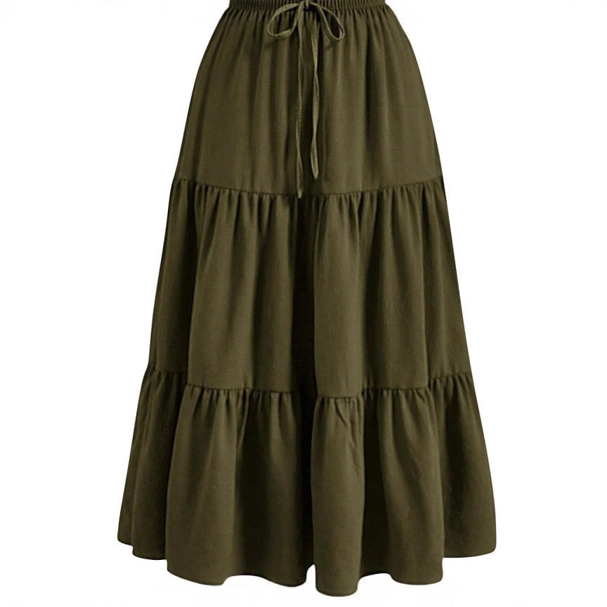 European And American Solid Color Stitching Ruffle Elastic Pocket Skirt