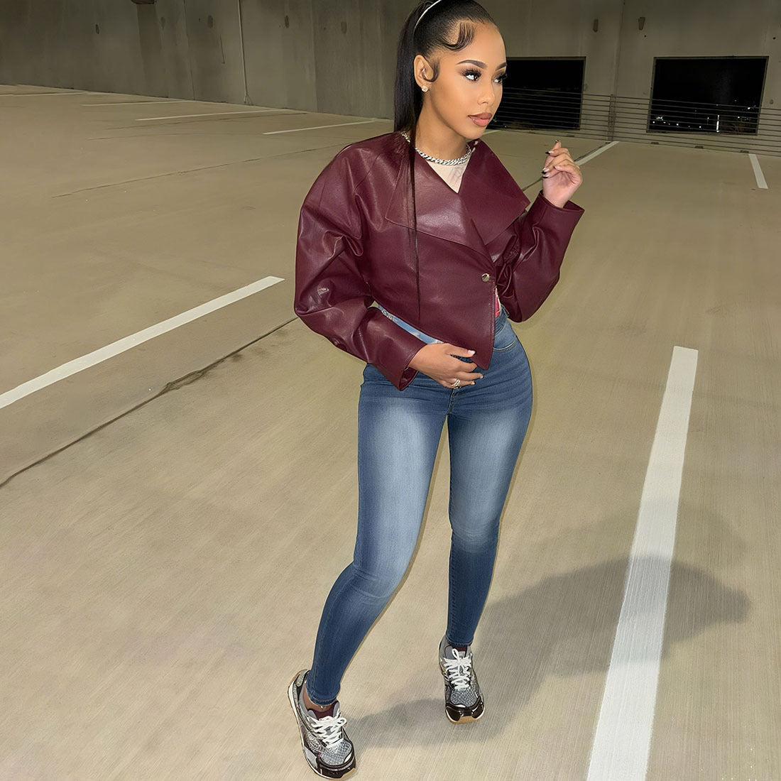 PU Leather Solid Color Casual Coat For Women