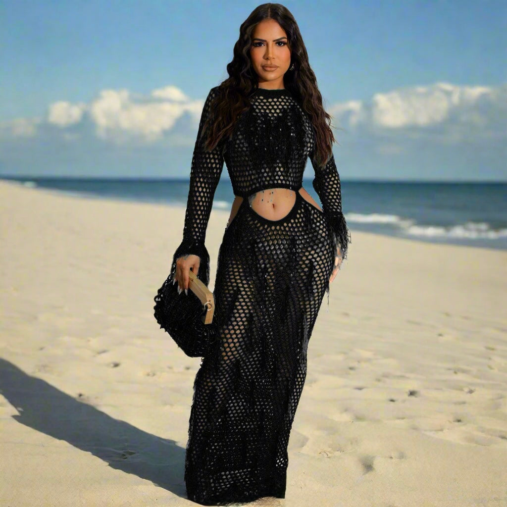 European And American Women's Clothing Knitted Hollow Tassel Midriff Outfit Beach Dress