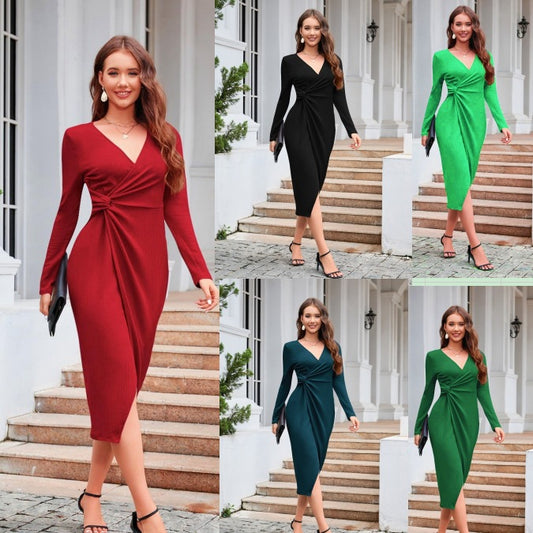Solid Color V-neck Waist-controlled Slimming Split Long Sleeve Dress