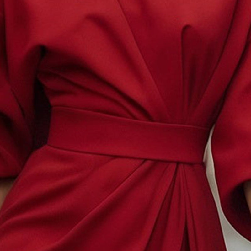 Plus Size Women's Elegant Solid Color Round Neck Mid-Sleeve Maxi Dress Waist-Defining Pleated Design For Office, Party, Wedding Guest