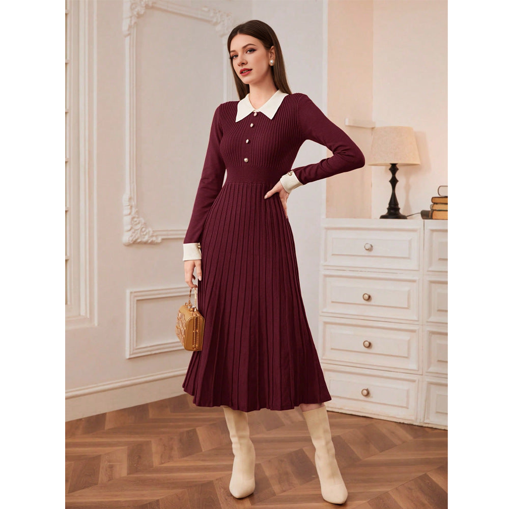 French Style Retro Elegant Lapel A- Line Long Sleeve Knitted Dress