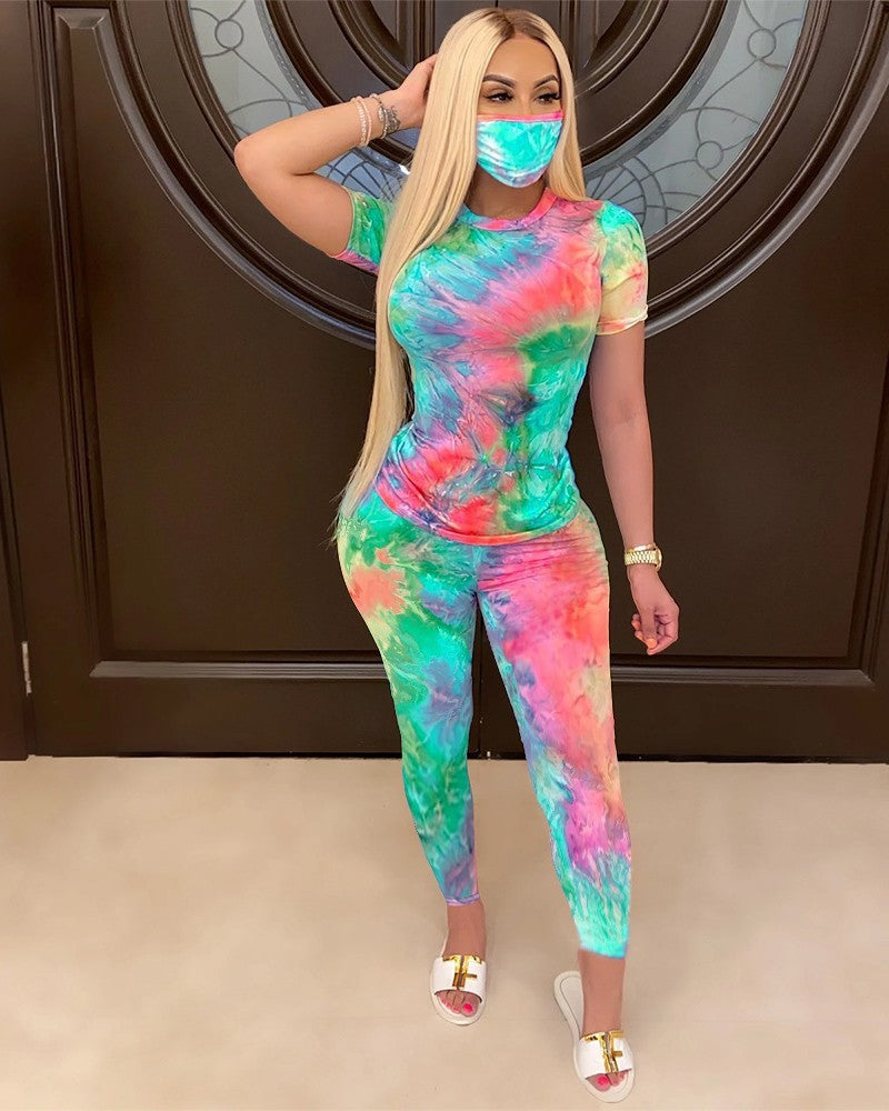 European And American Women Tie-dye Color Crew Neck Casual Fashion Sports Set