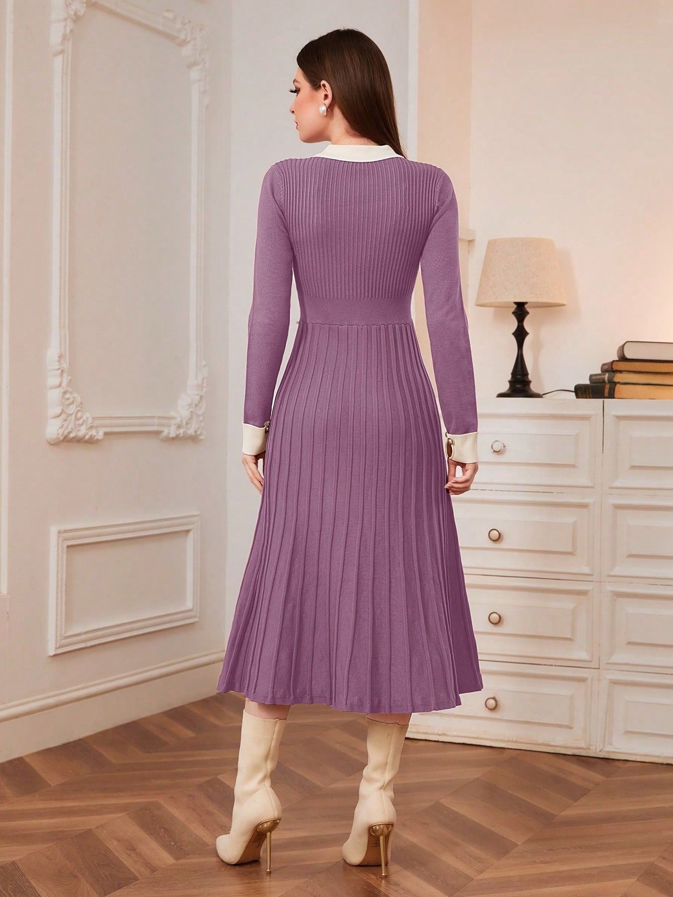 French Style Retro Elegant Lapel A- Line Long Sleeve Knitted Dress