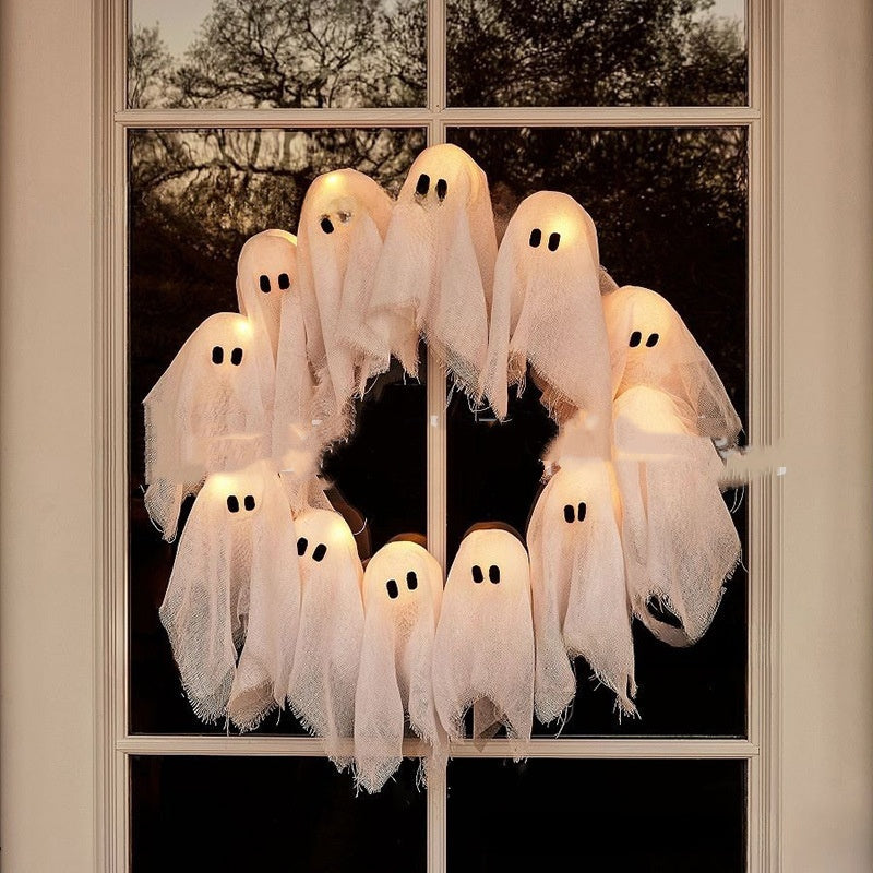 Halloween Decorations Ghost Wreath Cute Ghost Halloween Door Sign For Door Porch Wall Holiday Home Decor Glow Ghost Lights