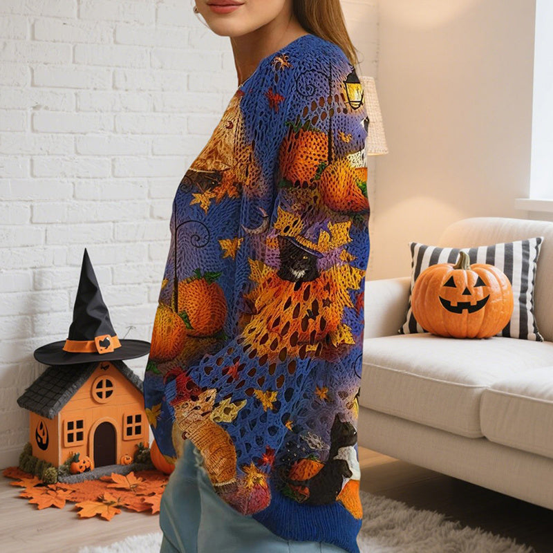 Women's Diamond Hollow Out Batwing Sleeve Top - Loose Fit Pumpkin Halloween Print Blouse For Spring Summer