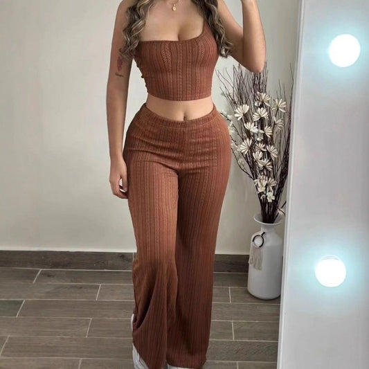 Ladies New Solid Color Knitted Sleeveless Suit