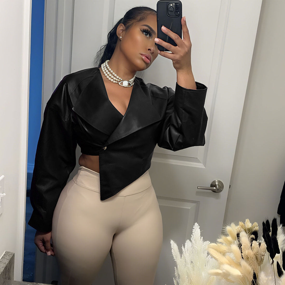 PU Leather Solid Color Casual Coat For Women