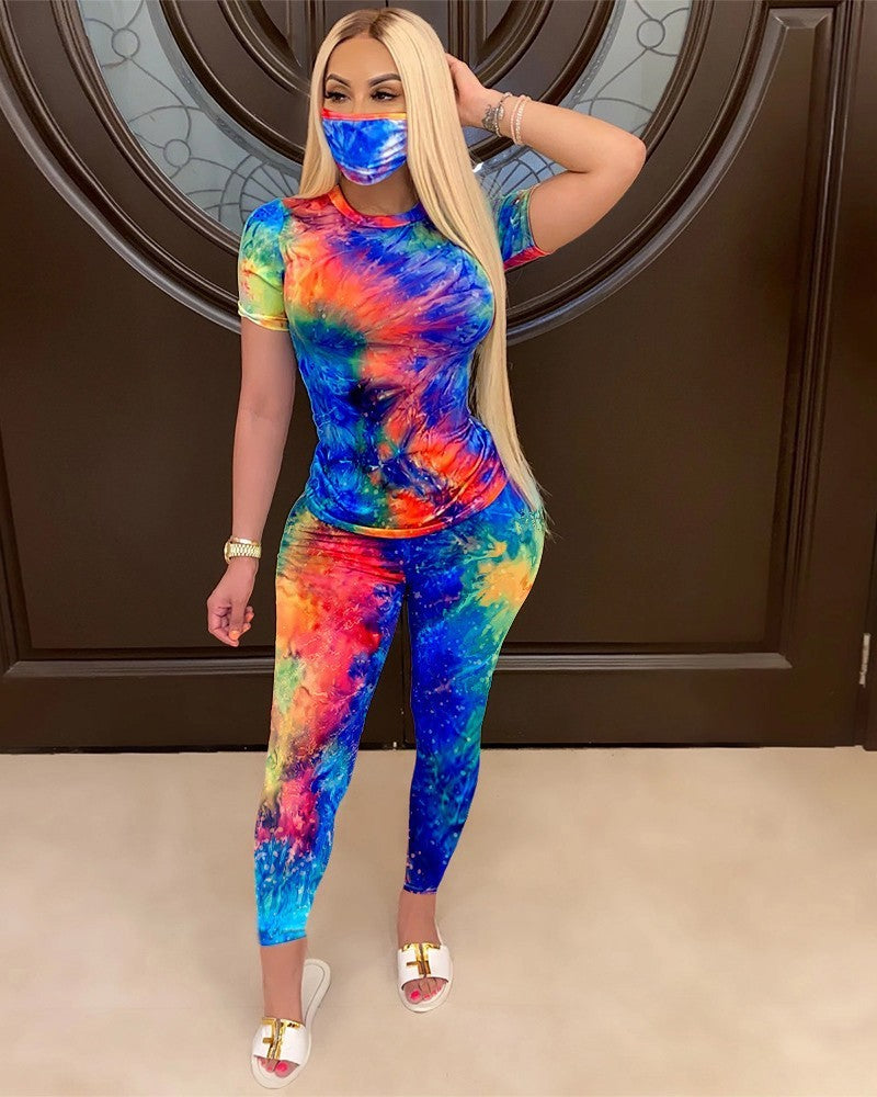 European And American Women Tie-dye Color Crew Neck Casual Fashion Sports Set